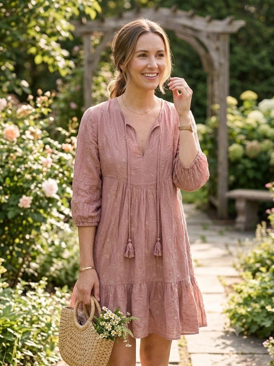 Johnny Was Jade Pink Embroidered Boho Dress Long Sleeve Xs Babydoll Slip Tassel